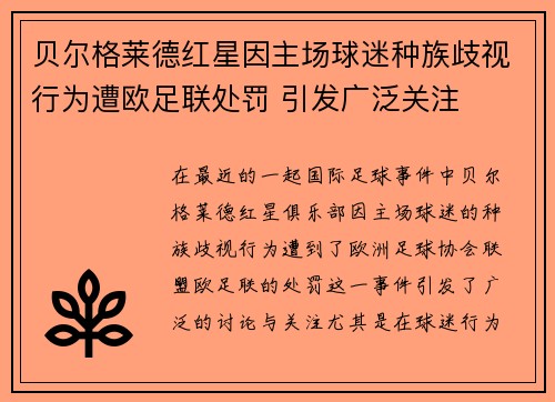 贝尔格莱德红星因主场球迷种族歧视行为遭欧足联处罚 引发广泛关注