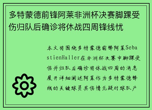 多特蒙德前锋阿莱非洲杯决赛脚踝受伤归队后确诊将休战四周锋线忧
